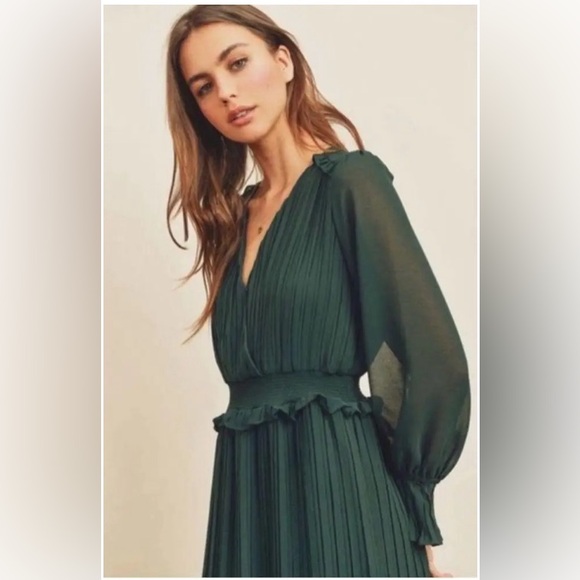ZARA Chiffon Pleated Midi Dress Green Size S Vneck Sheer Balloon Sleeve - Picture 2 of 4
